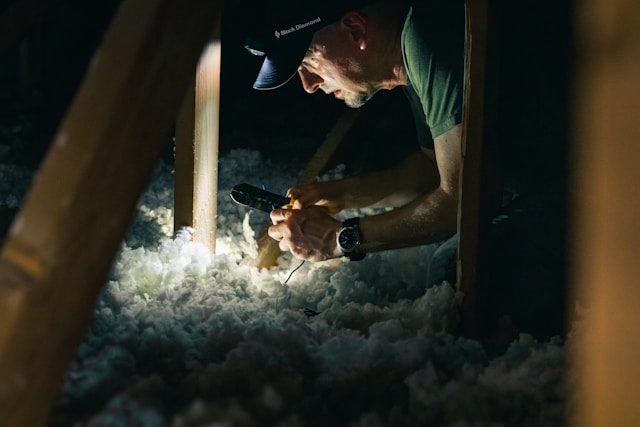 contractor conducting an inspection in a dark attic